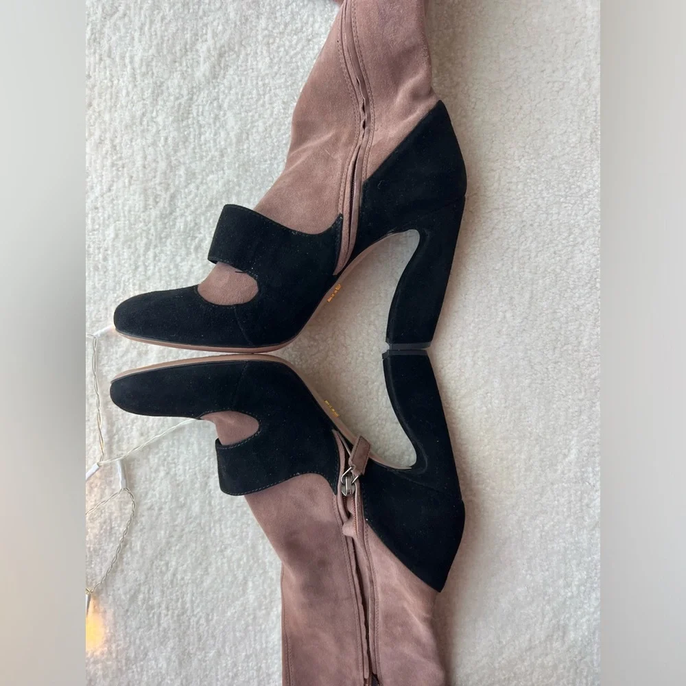 Prada Runway Knee High Suede Blush Pink Black High Heels Sock Boot Trompe L'oeil - Picture 14 of 14